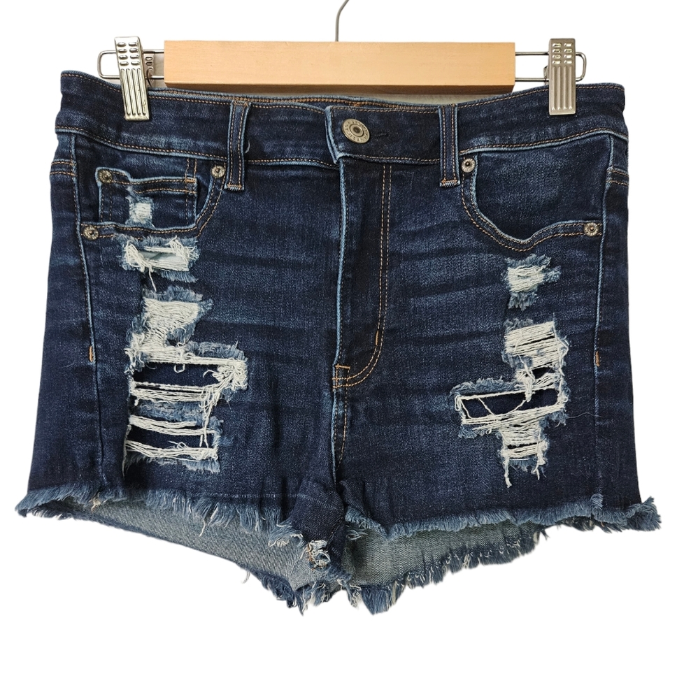 American Eagle Dark Wash Distressed High Rise Shortie Jean Shorts Size 8